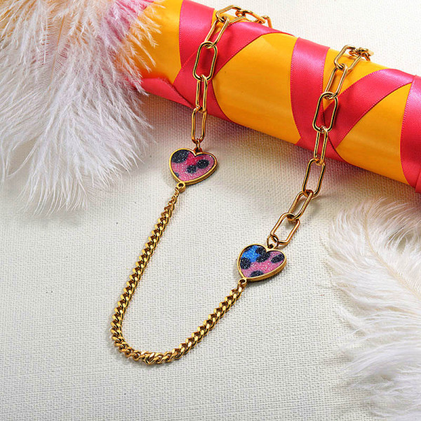 18K Gold Plated Pink Leopeard Heart Necklace for Girls