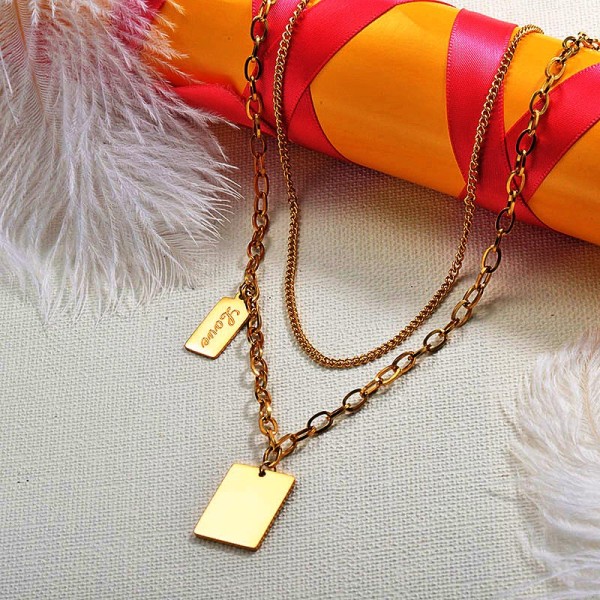 18K Gold Plated Double Layered Square Necklace for Ladies