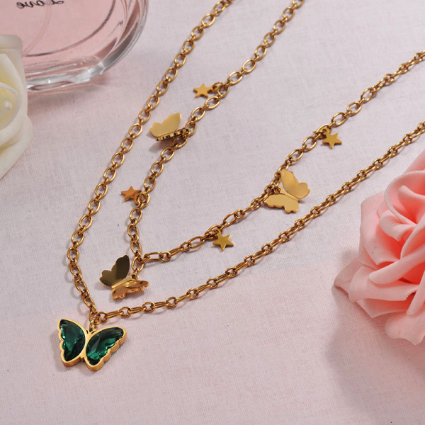 Charm Crystal Butterfly Double Layered Necklace