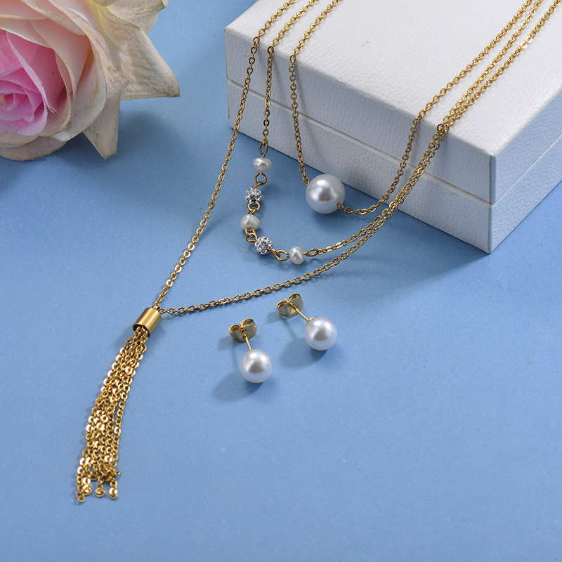 Stainless Steel Beaded Tassel Necklace Sets -SSCSG142-29611