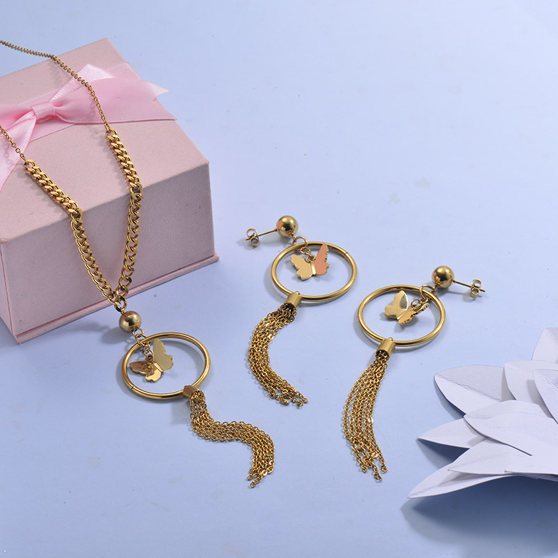 Stainless Steel Butterfly Tassel  Necklace Sets -SSCSG142-29621