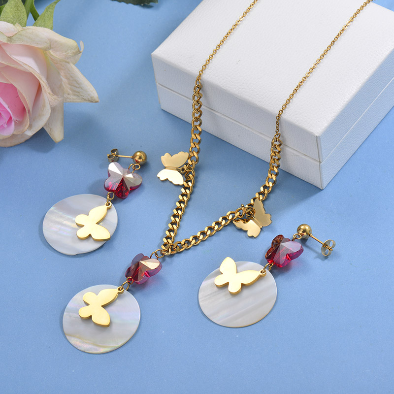 Stainless Steel Butterfly Shell Necklace Sets -SSCSG142-29609