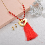 Stainless Steel Red Beaded Tassel Necklace Sets -SSCSG142-29585