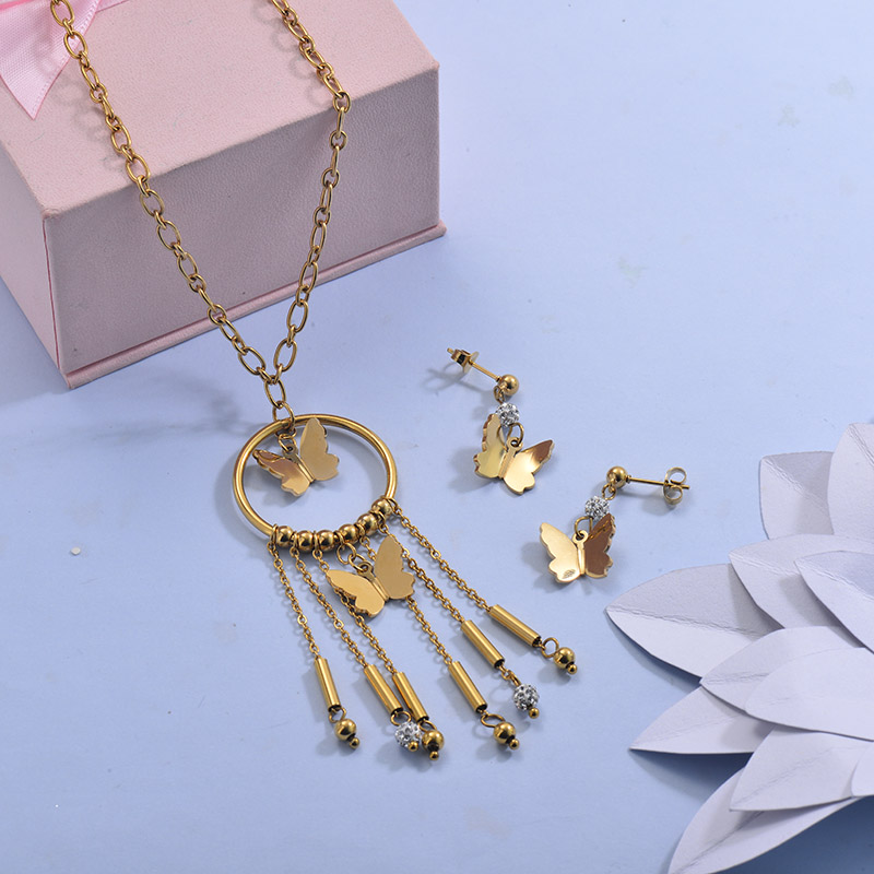 Stainless Steel Butterfly Tassel Necklace Sets -SSCSG142-29624