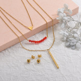 Stainless Steel Red Beaded Multi Layered Necklace Sets -SSCSG142-29588