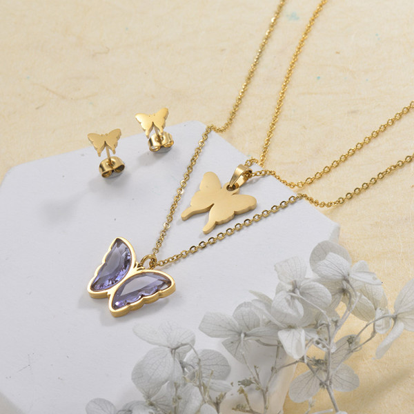 Stainless Steel Butterfly Multilayer Necklace Sets -SSCSG142-29564
