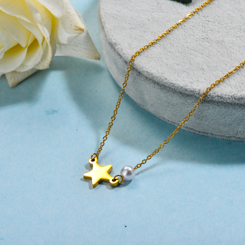 Stainless Steel Pearl Star Pendant Necklace