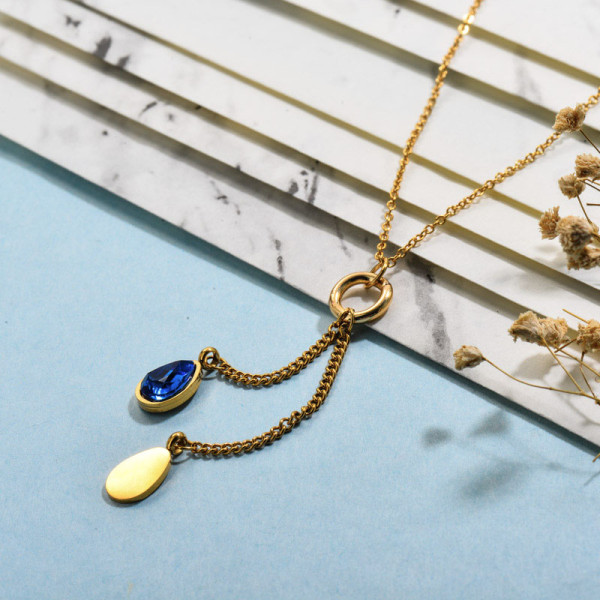 Stainless Steel Blue Crystal Tassel Necklace