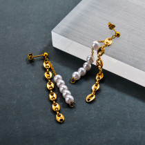 Stainless Steel Coffee Beaded Chain Pearl Tassel Earrings