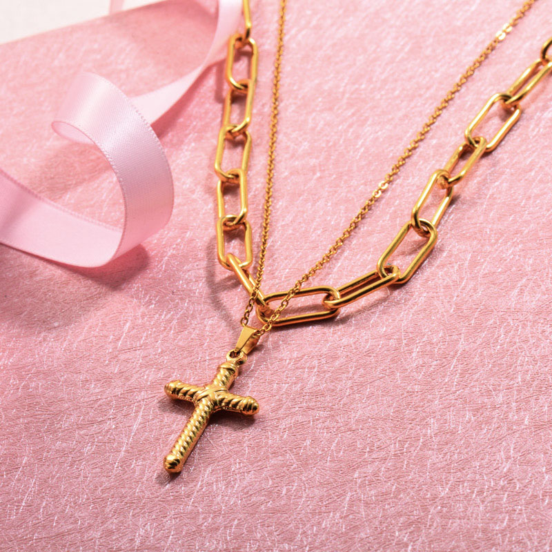 Stainless Steel Double layered Cross Pendant Necklace