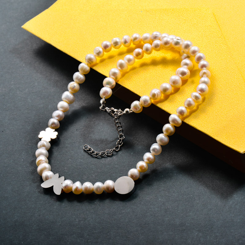 Fresh Water Pearl with Steel Charm Beaded Necklace