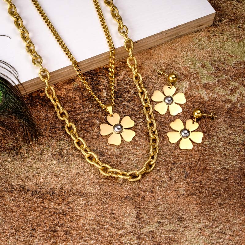Stainless Steel Flower Multilayered Necklace Sets- SSCSG142-31824