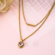 18k Gold Plated Pink Heart Crystal Pendant Layered Necklace -SSNEG142-31945
