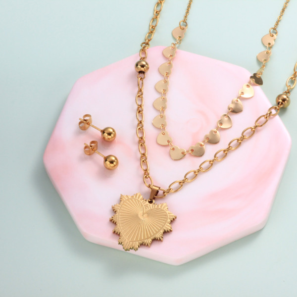 18k Gold Plated Heart Layered Necklace Sets -SSCSG142-31962