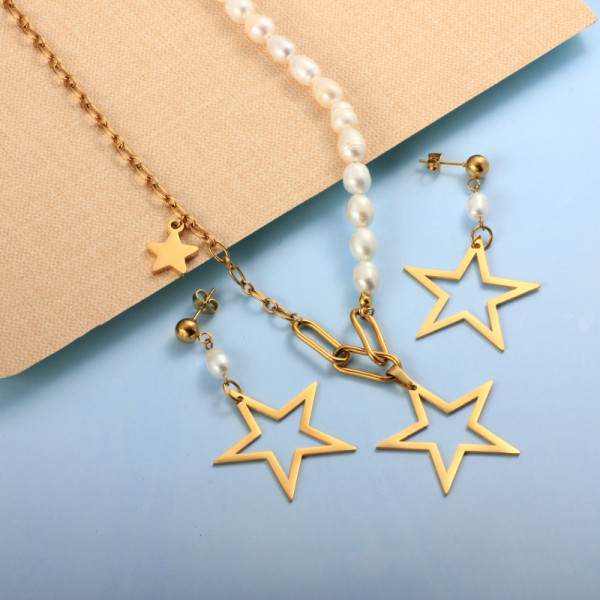 Stainless Steel  Pearl Star Pendant Necklace Sets -SSCSG142-31992