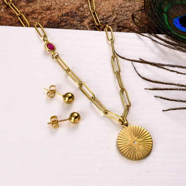 18k Gold Plated Coin Pendant Necklace Earring Set -SSCSG142-31841