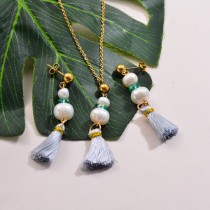 Stainless Steel Pearl Beaded Tassel Pendant Necklace Sets -SSCSG142-32130
