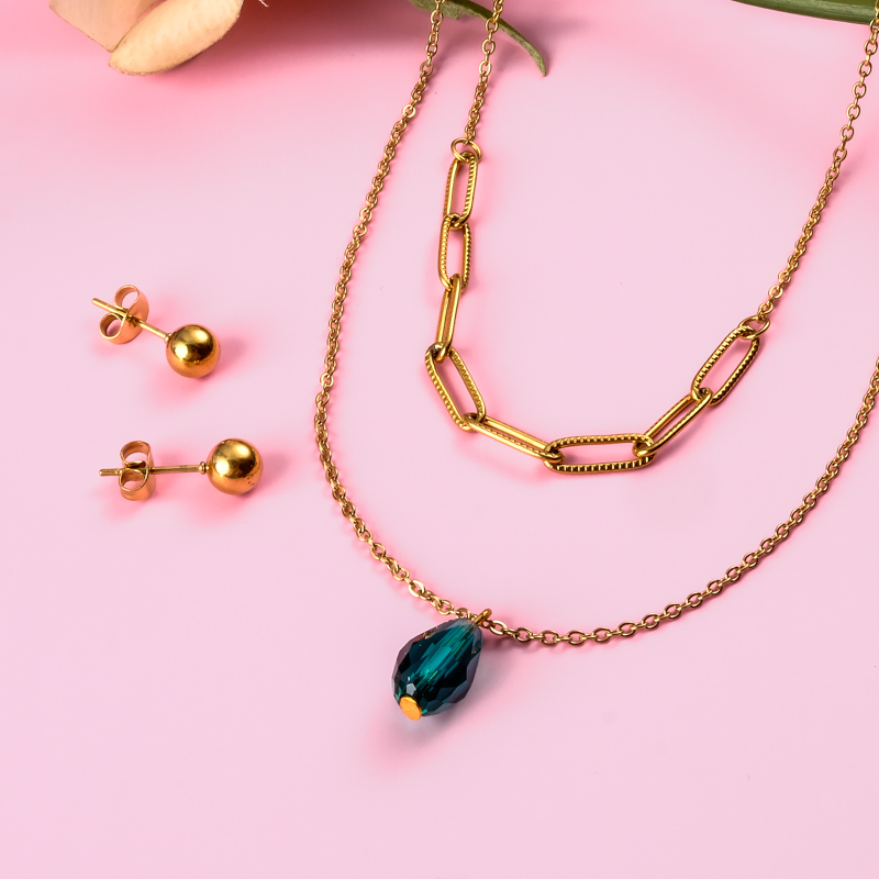 18k Gold Plated Crystal Drop Multi Layer Necklace Set -SSCSG142-31878