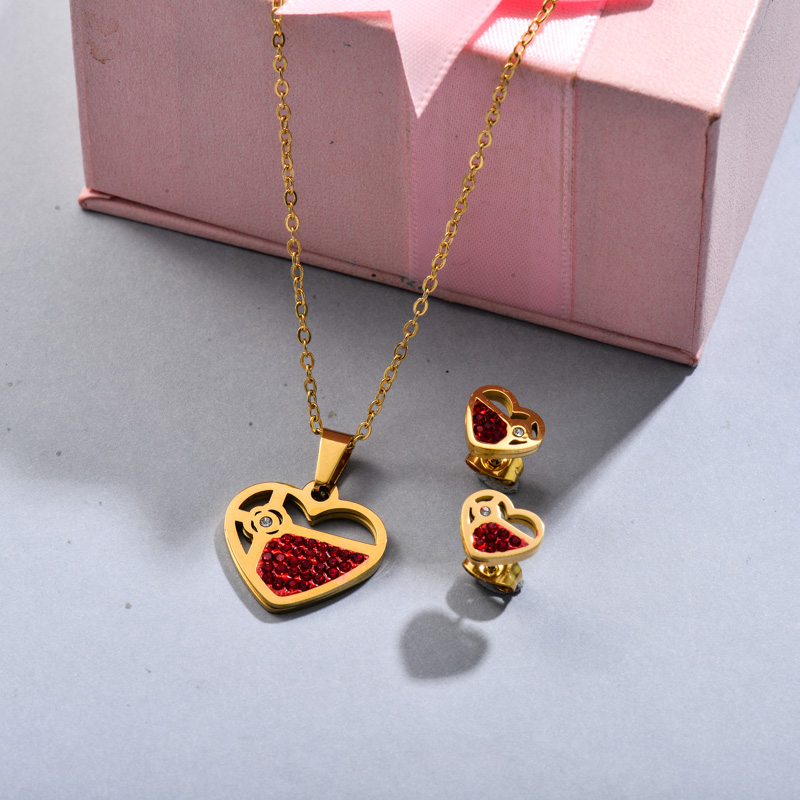 Stainless Steel Red Crystal Heart Jewelry Sets -SSCSG143-32337