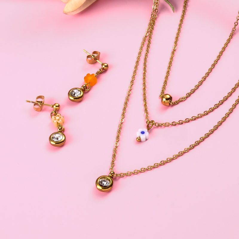 18k Gold Plated  Crystal Flower  Pendant Layered Necklace Earring Set -SSCSG142-31866