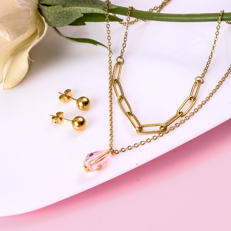 18k Gold Plated Crystal Drop Multi Layer Necklace Set -SSCSG142-31877