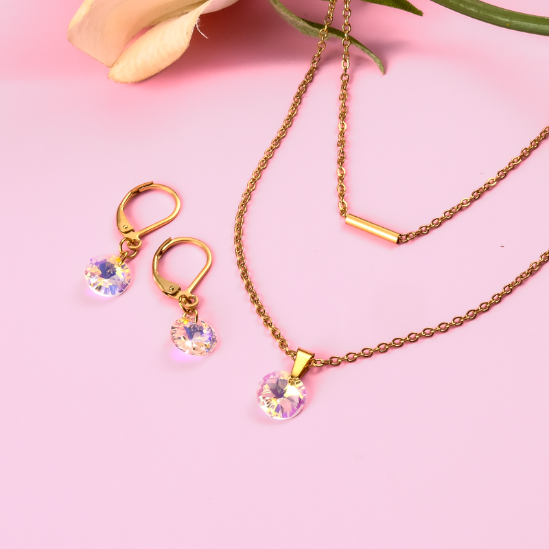 18k Gold Plated Crystal Layered Necklace Set -SSCSG142-31887