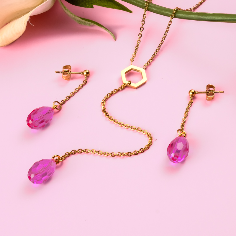 18k Gold Plated Crystal Drop Earring Necklace Set -SSCSG142-31883