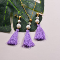 Stainless Steel Pearl Beaded Tassel Pendant Necklace Sets -SSCSG142-32131