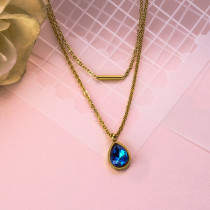 18k Gold Plated Loyal Blue Crystal Pendant Layered Necklace -SSNEG142-31944