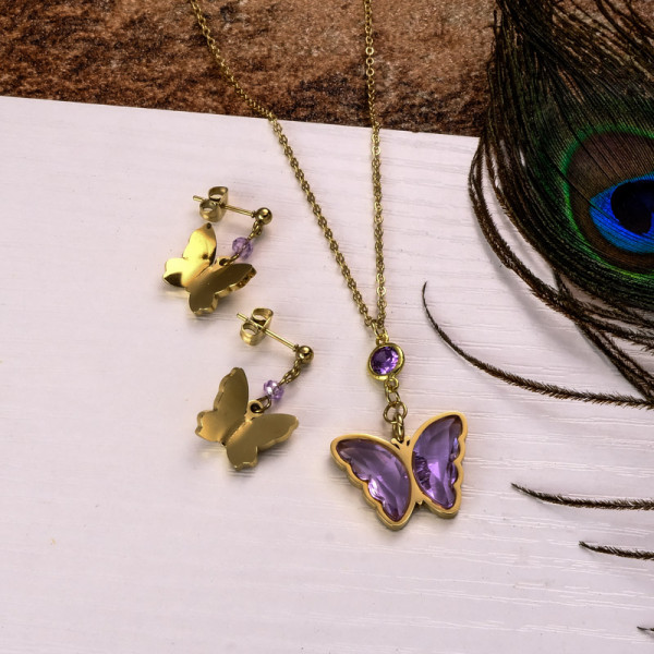 18k Gold Plated Crystal Butterfly  Necklace Earring Set -SSCSG142-31846
