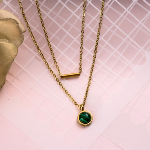 18k Gold Plated Malachite Pendant Layered Necklace -SSNEG142-31941