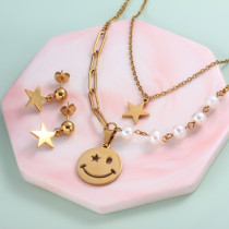 Stainless Steel Smile Star Pearl Layered Necklace Sets -SSCSG142-31967