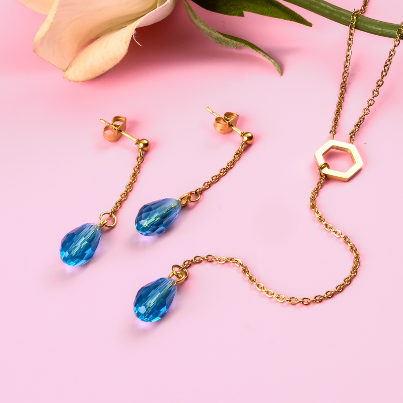 18k Gold Plated Crystal Drop Earring Necklace Set -SSCSG142-31884
