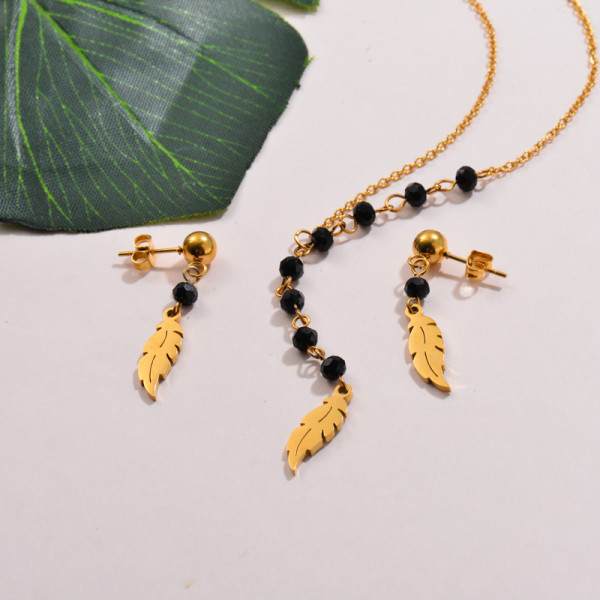 Stainless Steel Beaded Leaf Pendant Necklace Sets -SSCSG142-32126