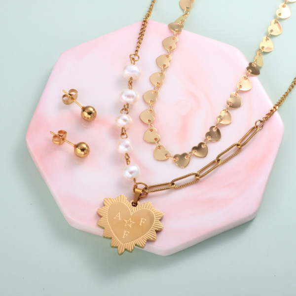 18k Gold Plated Heart Pearl Layered Necklace Sets -SSCSG142-31974