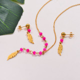 Stainless Steel Beaded Leaf Pendant Necklace Sets -SSCSG142-32128