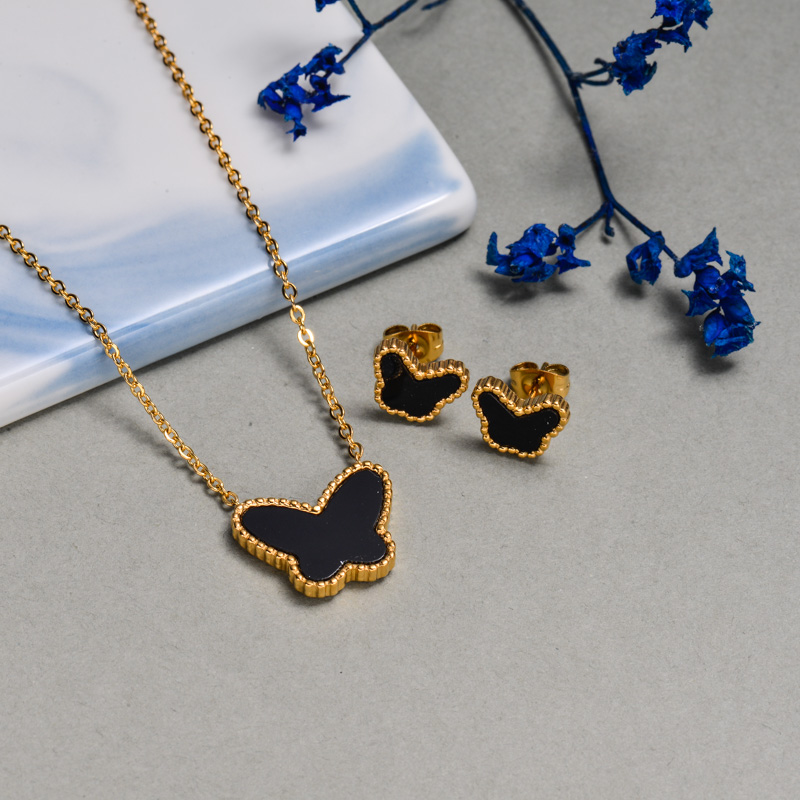 18k Gold Plated Black Onyx Butterfly Jewelry Sets -SSCSG143-32634