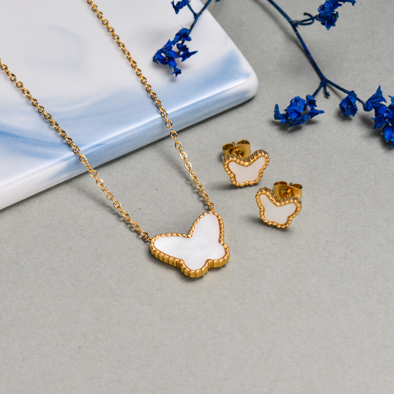 18k Gold Plated White Shell Butterfly Jewelry Sets -SSCSG143-9381