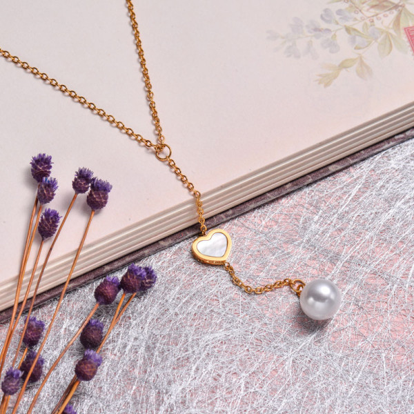 18k Gold Plated Pearl Heart Necklace -SSNEG142-32535