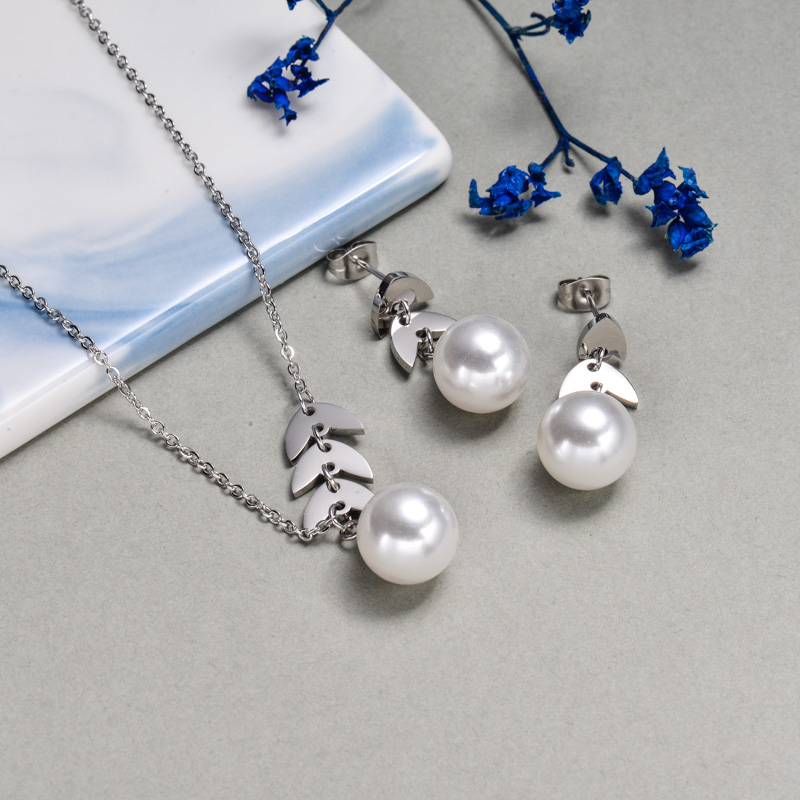 Stainless Steel Leaf Pearl Jewelry Sets -SSCSG142-32636