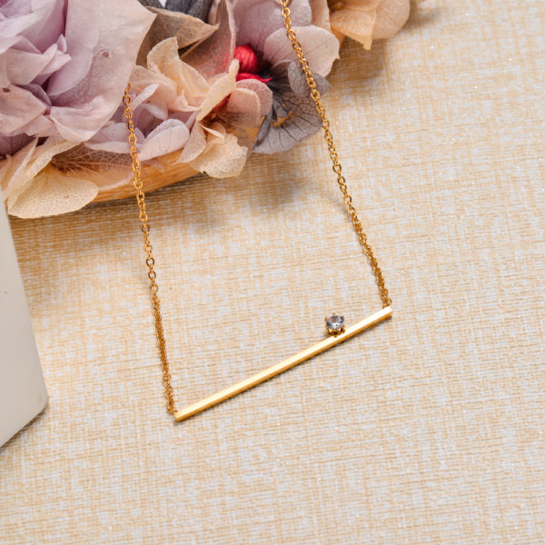 18k Gold Plated CZ Zircon Bar Necklace -SSNEG143-32851