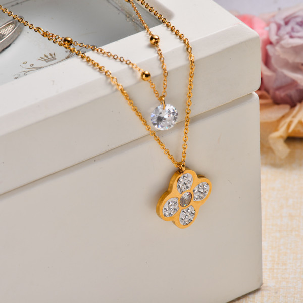 18k Gold Plated Flower CZ Zircon Layered Necklace -SSNEG143-32829