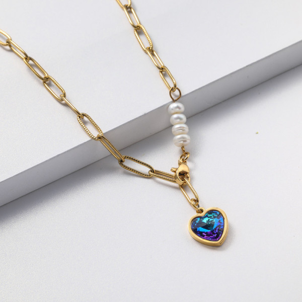 Collares de Acero Inoxidable para Mujer con dije de corazon cristal