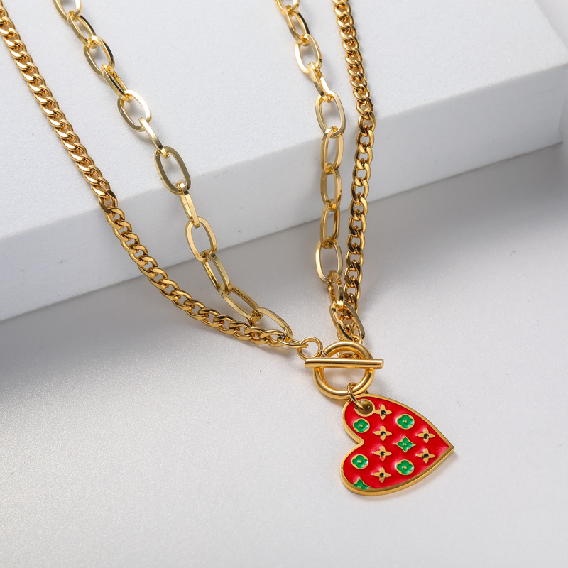 collar de mujer doble cadena para dia de madre con dije de corazon roja