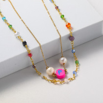 collar shrek doble cadena charm perla con piedras colores