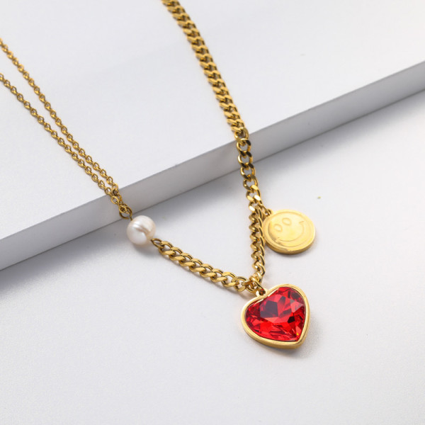 Collares de Acero Inoxidable para Mujer con dije de corazon cristal roja