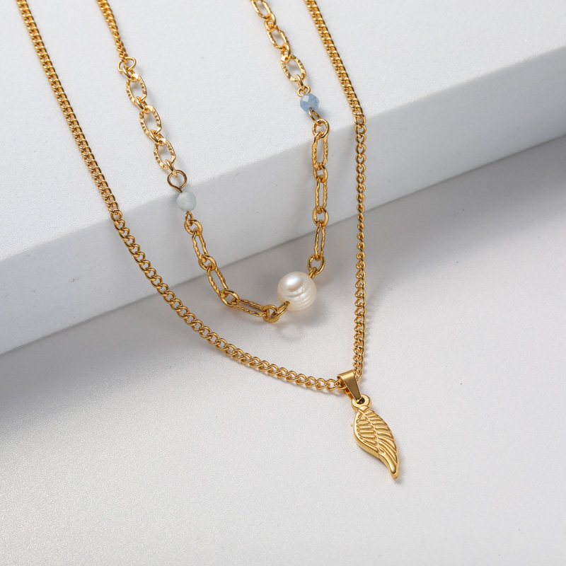 collar de perlas mujer doble cadena con dije de ala ángel