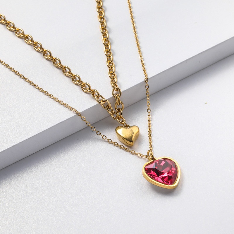 US$ 1.80 ~ US$ 3.60 - Collares de Acero Inoxidable para Mujer doble cadenas  con dije de corazon cristal roja - Joyas De Acero Por Mayor