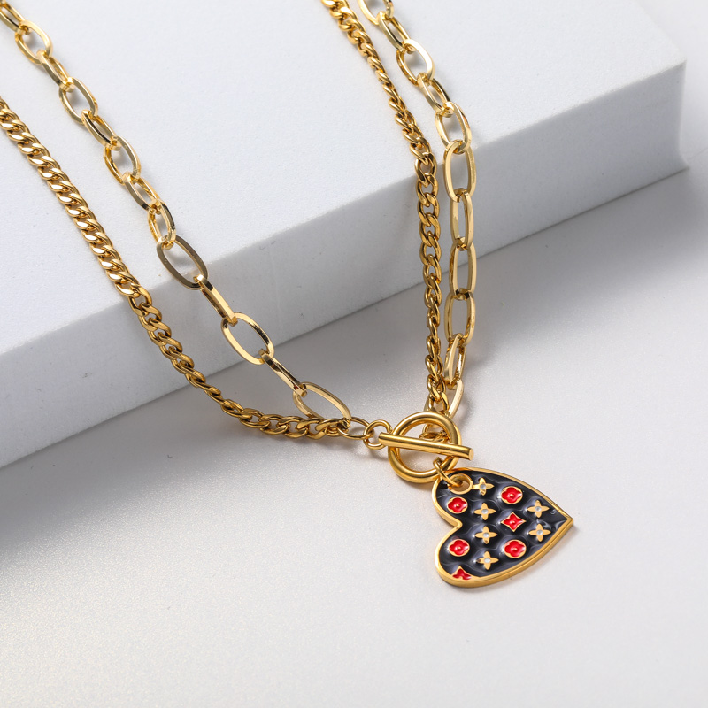 collar doble cadena con dije de corazon 18k