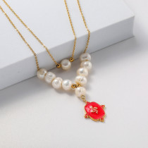 collar shrek doble cadena con perlas dije moda roja